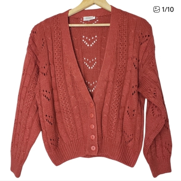 Vintage Sweaters - Vintage Rust Red Cable Knit Cardigan Sweater